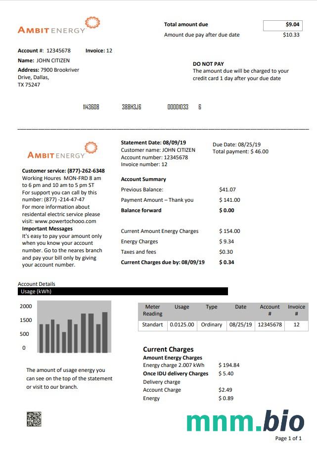 USA Texas Ambit Energy rachunek za media szablon w formacie Word i PDF